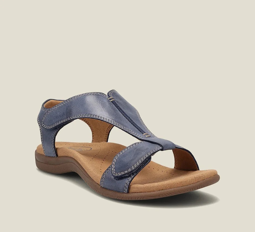 Women's comfort vegan leather open-toe sandals with hook-and-loop T-strap – Blue