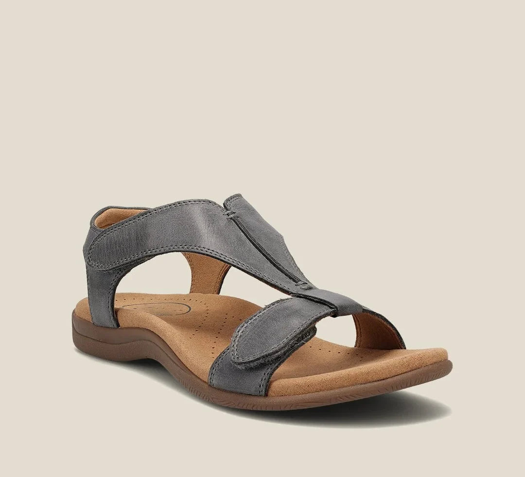 Women's comfort vegan leather open-toe sandals with hook-and-loop T-strap – Grey