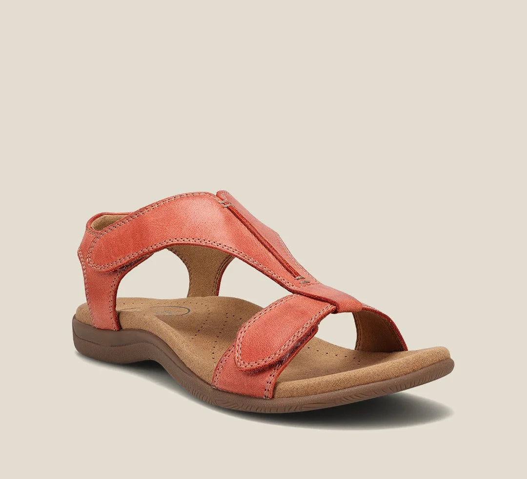 Women's comfort vegan leather open-toe sandals with hook-and-loop T-strap – Orange