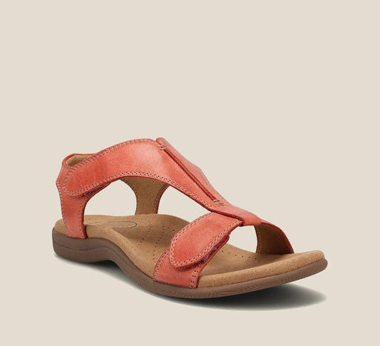 Women's comfort vegan leather open-toe sandals with hook-and-loop T-strap – Orange