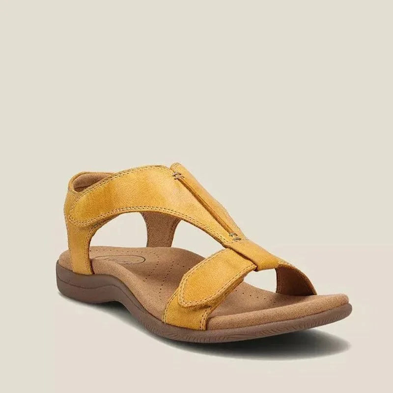 Women's comfort vegan leather open-toe sandals with hook-and-loop T-strap – Yellow