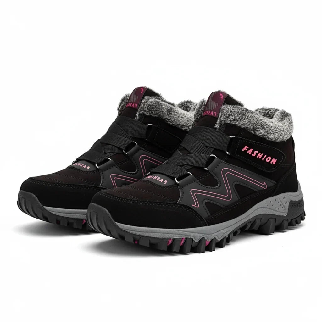 Women's comfort waterproof winter boots with fur-lined collar and strap – Black Pink