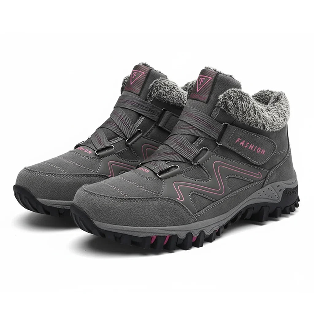 Women's comfort waterproof winter boots with fur-lined collar and strap – Grey Pink