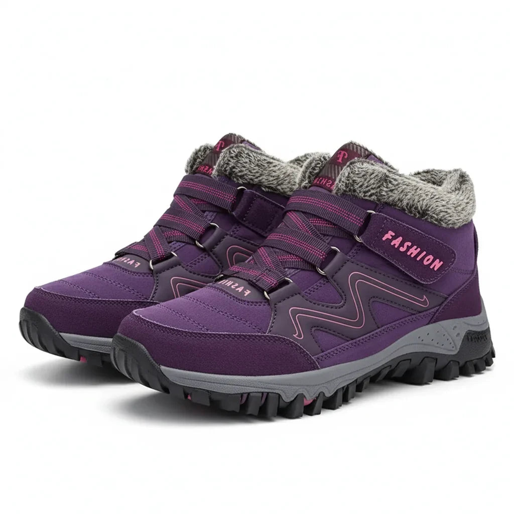 Women's comfort waterproof winter boots with fur-lined collar and strap – Purple