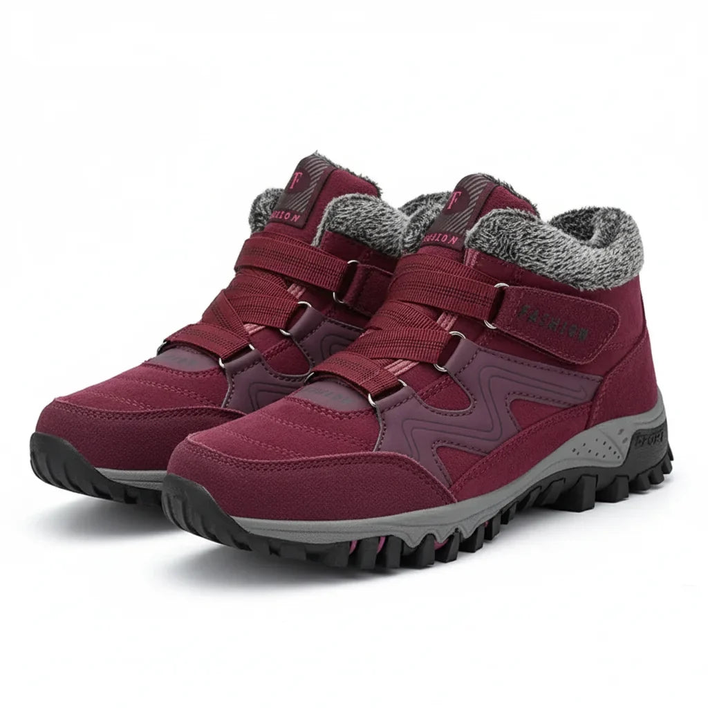 Women's comfort waterproof winter boots with fur-lined collar and strap – Red