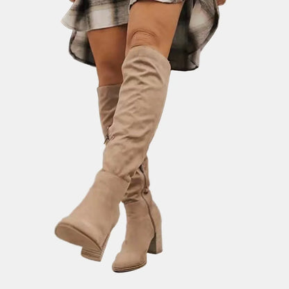 Women's over-the-knee block-heel stretch ankle boots – Beige