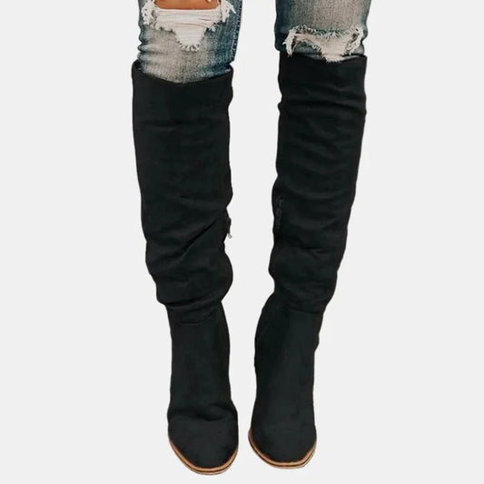 Women's over-the-knee block-heel stretch ankle boots – Black