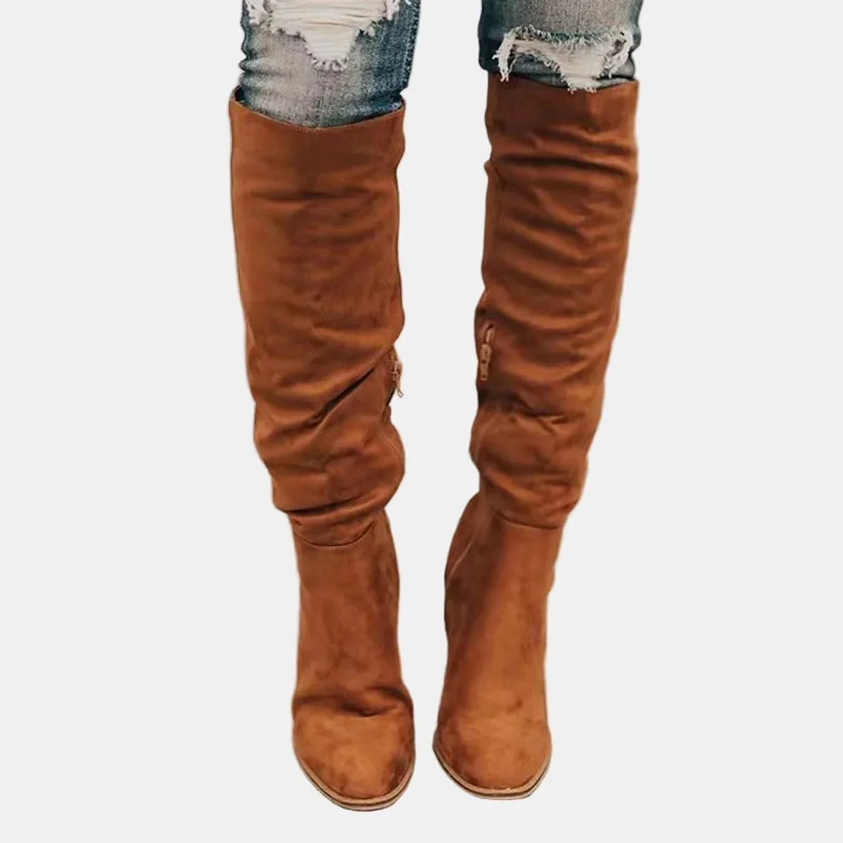 Women's over-the-knee block-heel stretch ankle boots – Brown