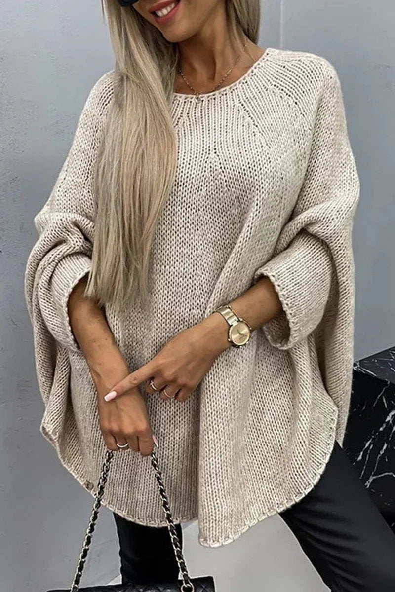 Women's oversized batwing-sleeve crewneck knit sweater – Beige
