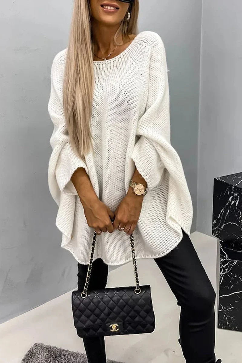 Women's oversized batwing-sleeve crewneck knit sweater – Cream