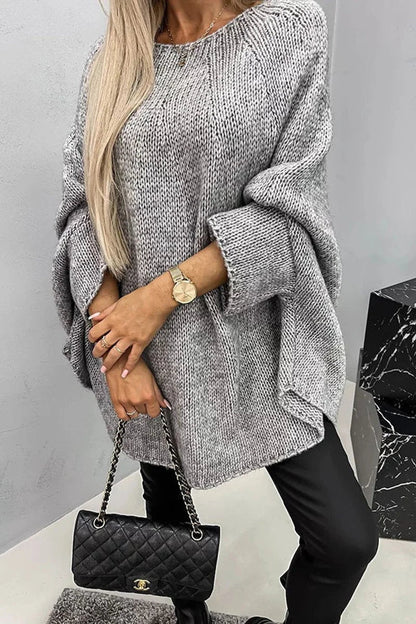 Women's oversized batwing-sleeve crewneck knit sweater – Gray