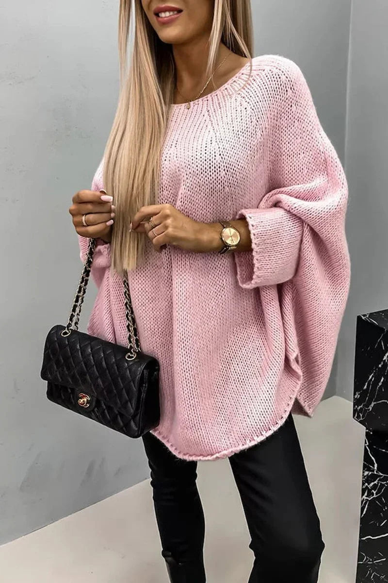 Women's oversized batwing-sleeve crewneck knit sweater – Pink