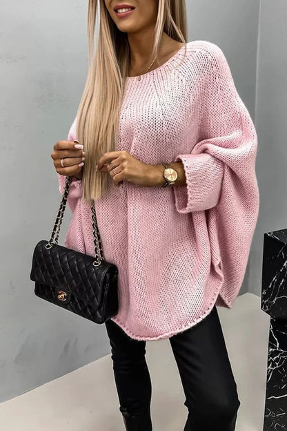 Women's oversized batwing-sleeve crewneck knit sweater – Pink