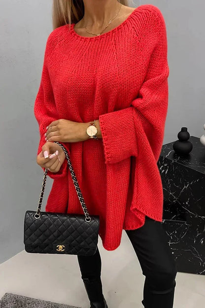 Women's oversized batwing-sleeve crewneck knit sweater – Red