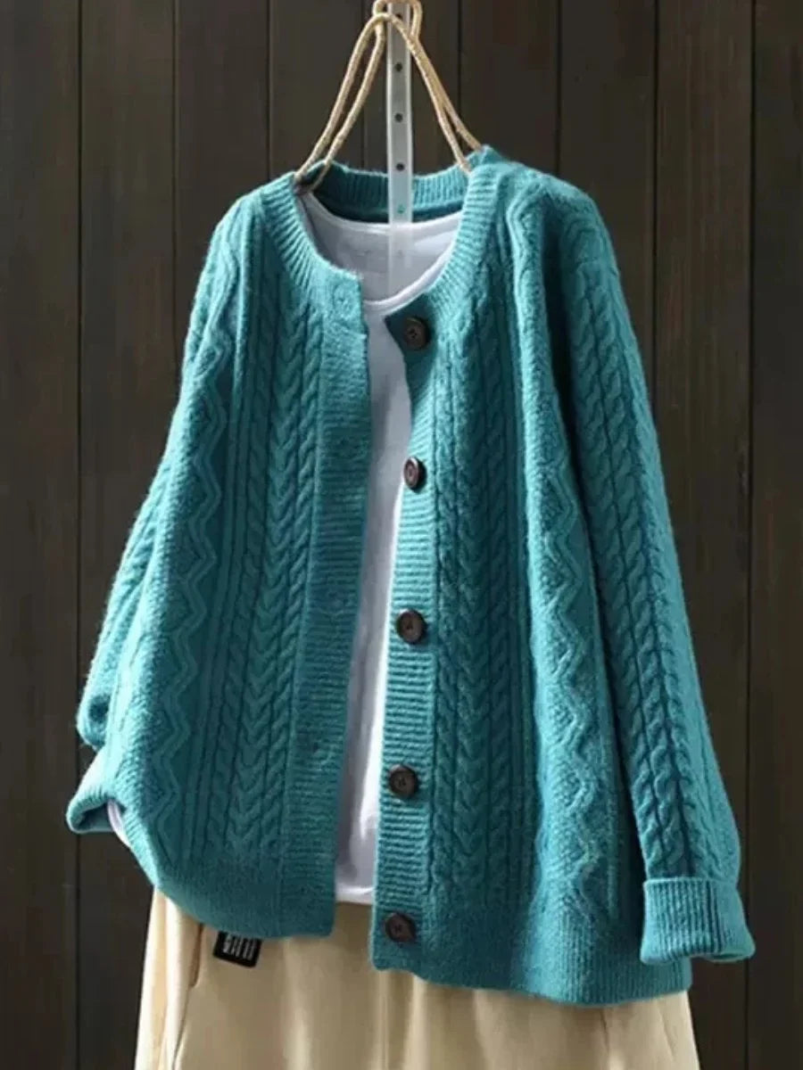 Women's oversized cable-knit button-down cardigan sweater – Blue