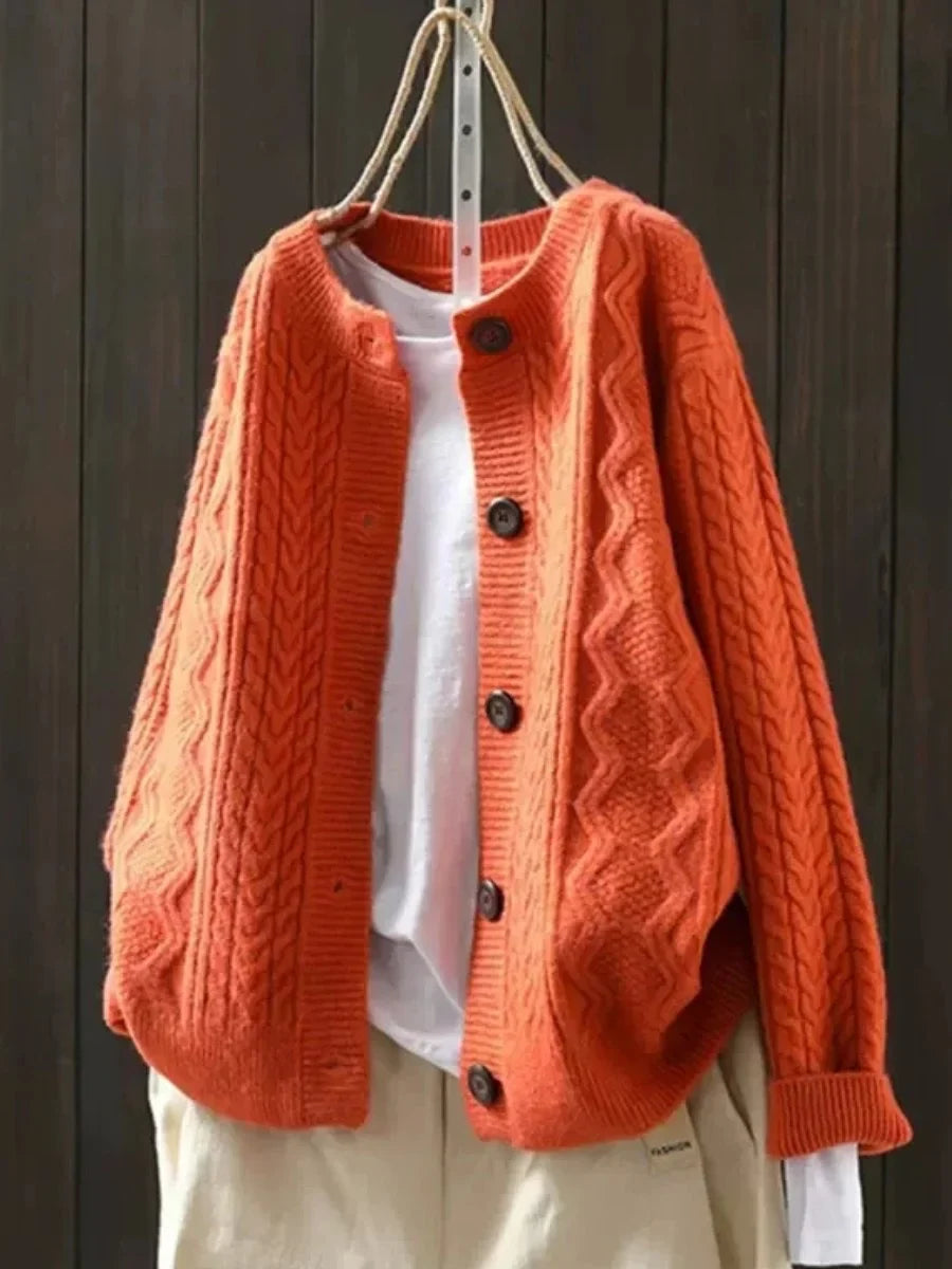 Women's oversized cable-knit button-down cardigan sweater – Orange