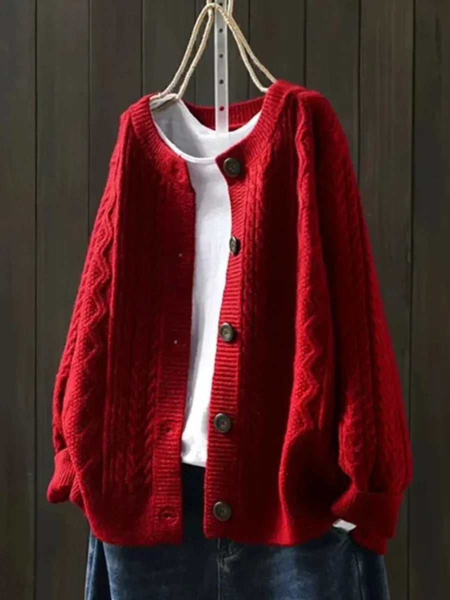 Women's oversized cable-knit button-down cardigan sweater – Red