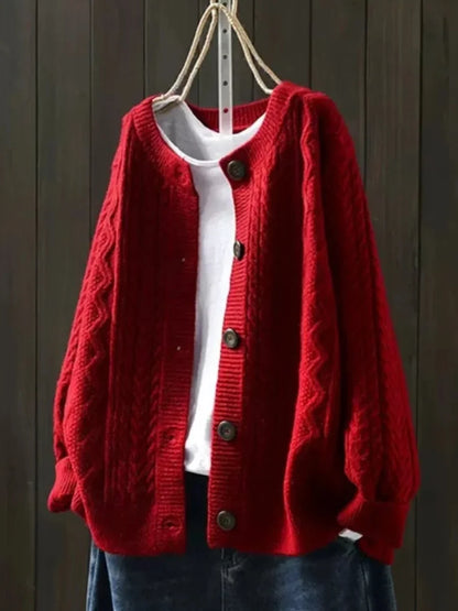 Women's oversized cable-knit button-down cardigan sweater – Red