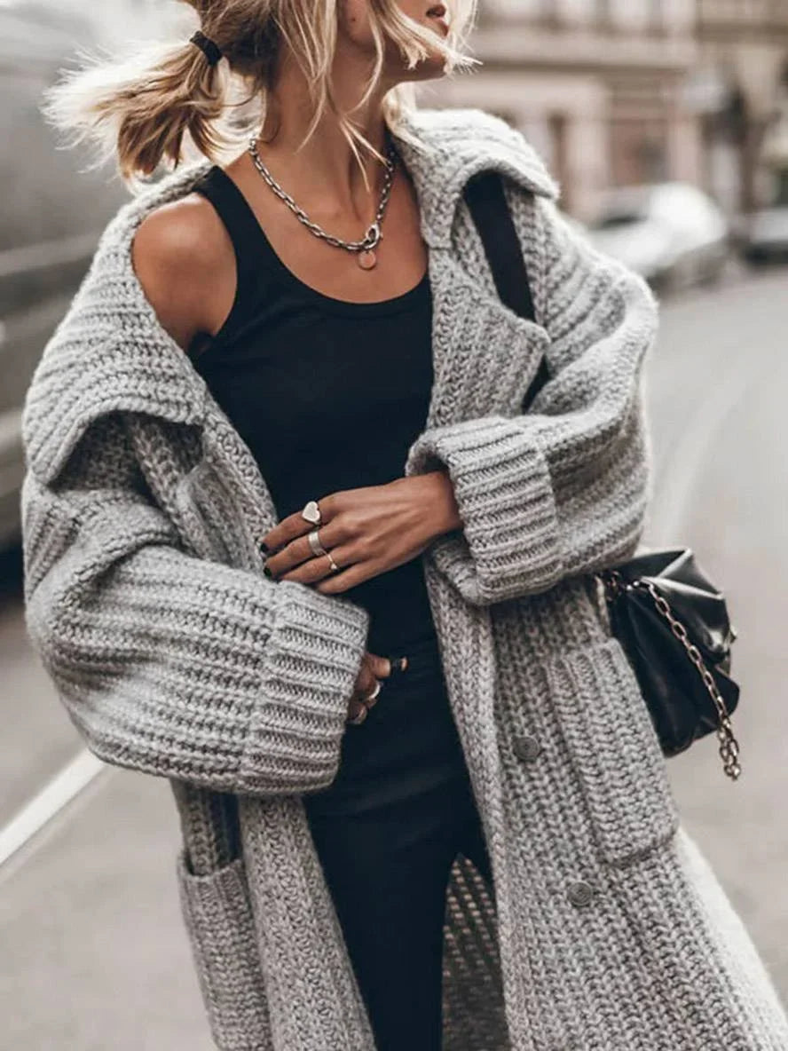 Women's oversized chunky rib-knit longline lapel cardigan