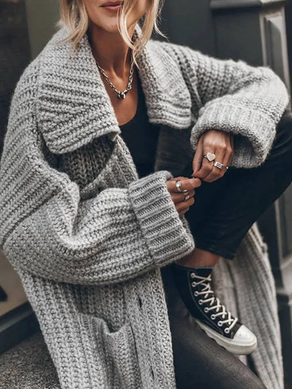 Women's oversized chunky rib-knit longline lapel cardigan