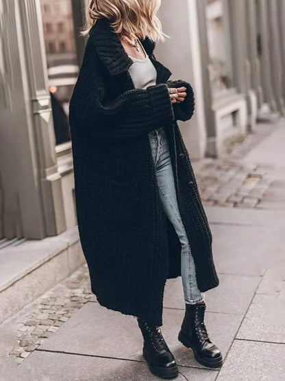 Women's oversized chunky rib-knit longline lapel cardigan – Black