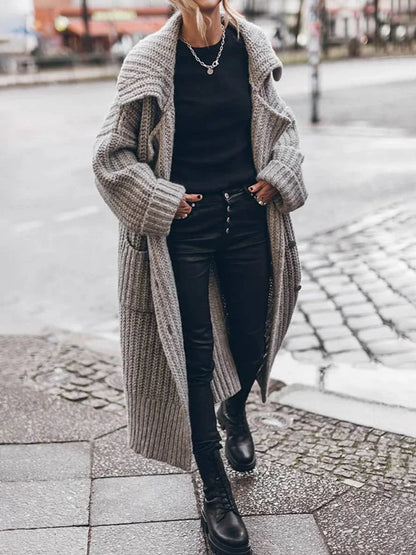 Women's oversized chunky rib-knit longline lapel cardigan