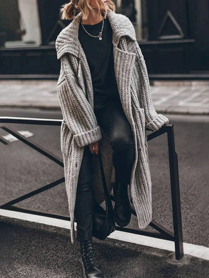 Women's oversized chunky rib-knit longline lapel cardigan – Grey