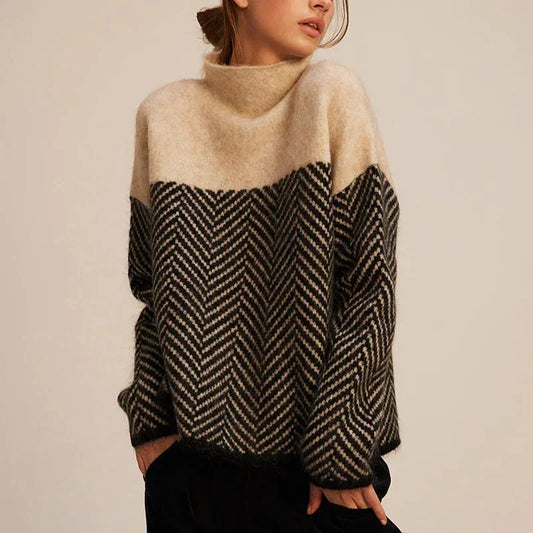 Women's oversized color-block knit sweater with turtleneck and chevron pattern – Beige