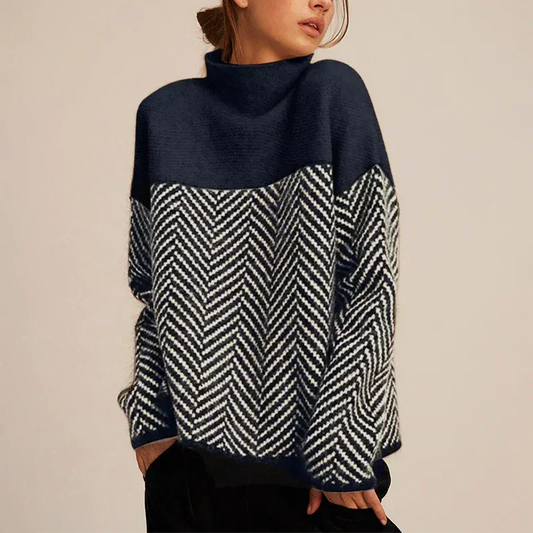 Women's oversized color-block knit sweater with turtleneck and chevron pattern – Blue