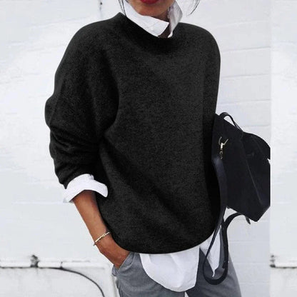 Women's oversized crew neck soft knit sweater – Black