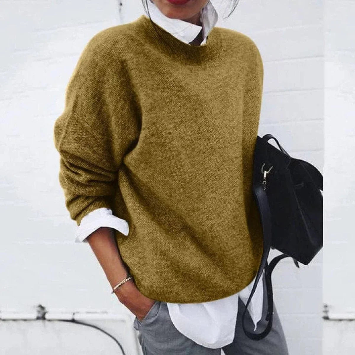 Women's oversized crew neck soft knit sweater – Khaki