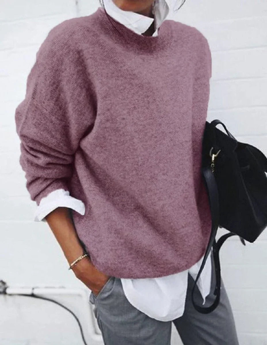 Women's oversized crew neck soft knit sweater – Pink