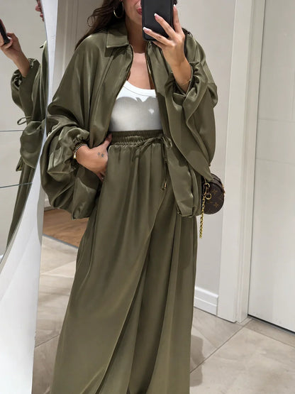 Women's oversized denim jacket with front closure and drawstring wide-leg pants – Green