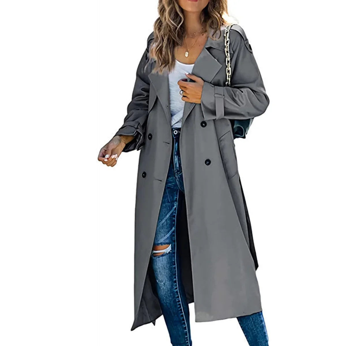 Women's oversized double-breasted belted longline trench coat