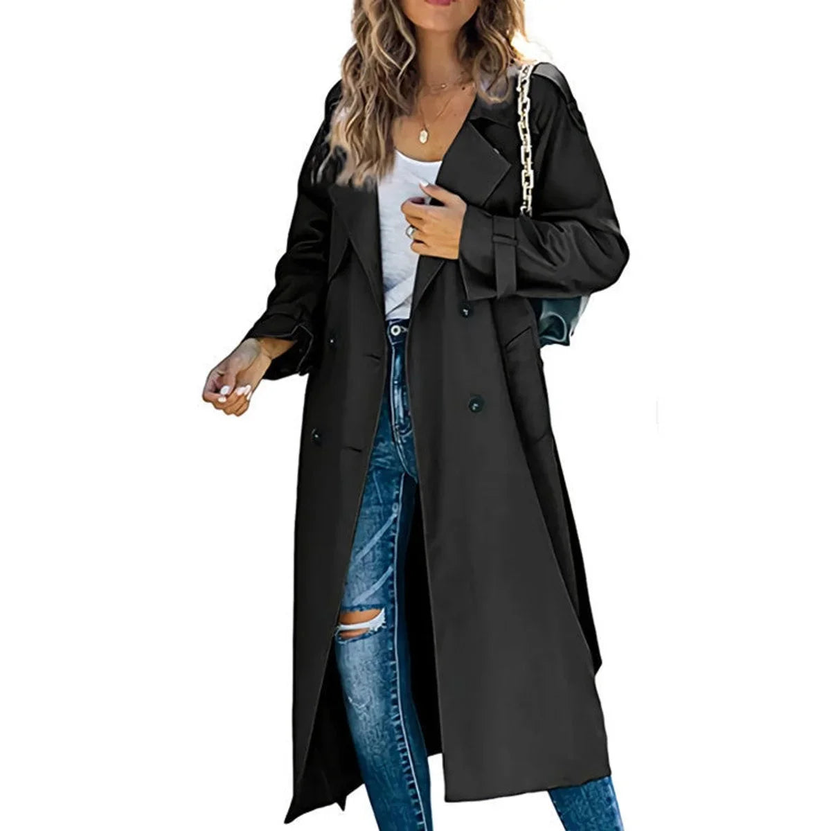 Women's oversized double-breasted belted longline trench coat