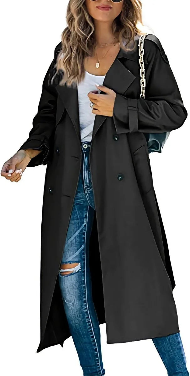 Women's oversized double-breasted belted longline trench coat – Black