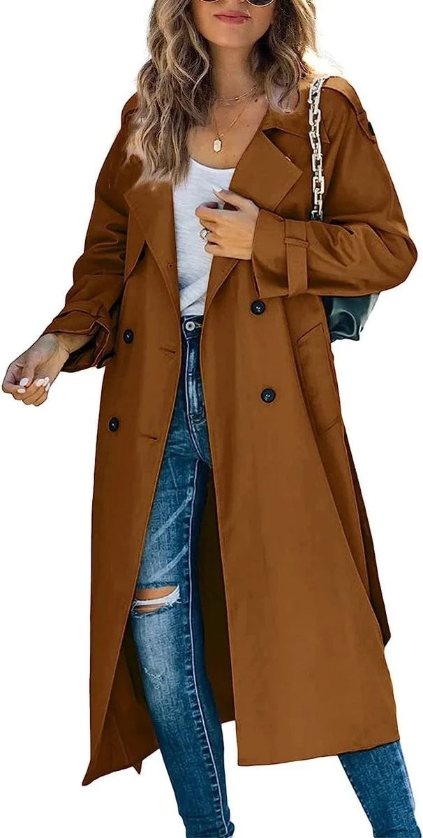 Women's oversized double-breasted belted longline trench coat – Brown