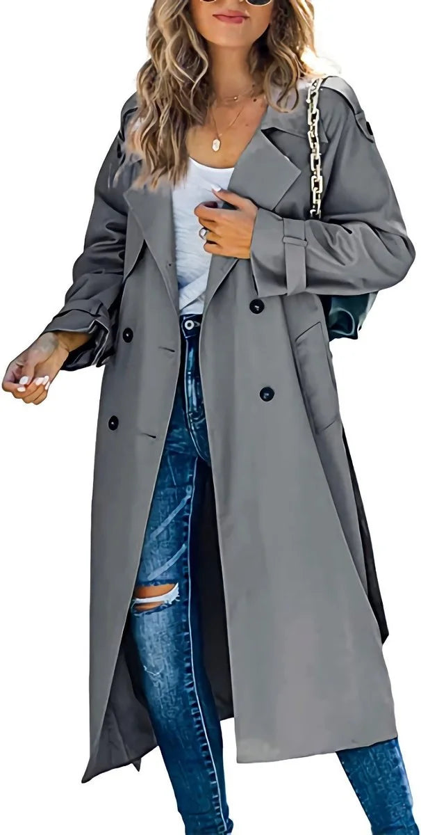Women's oversized double-breasted belted longline trench coat – Gray