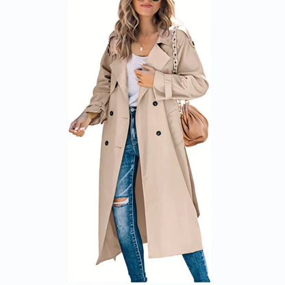 Women's oversized double-breasted belted longline trench coat – Khaki