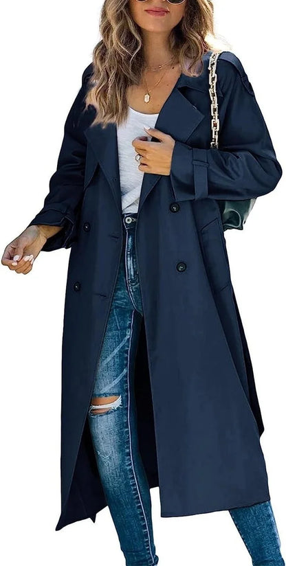 Women's oversized double-breasted belted longline trench coat – Navy Blue