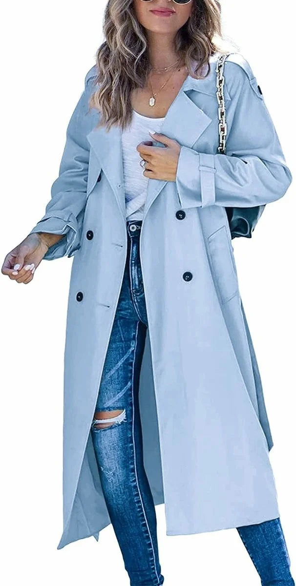 Women's oversized double-breasted belted longline trench coat – Sky Blue