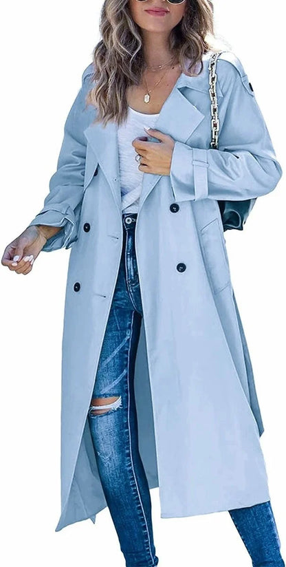 Women's oversized double-breasted belted longline trench coat – Sky Blue