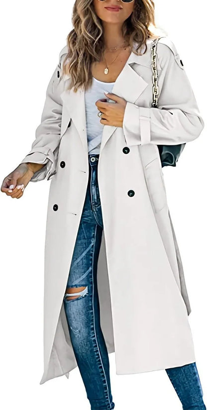 Women's oversized double-breasted belted longline trench coat – White