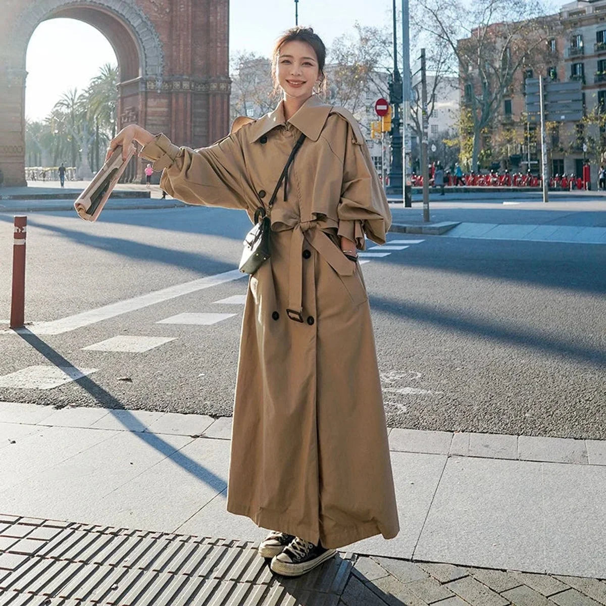Women's oversized double-breasted long trench coat