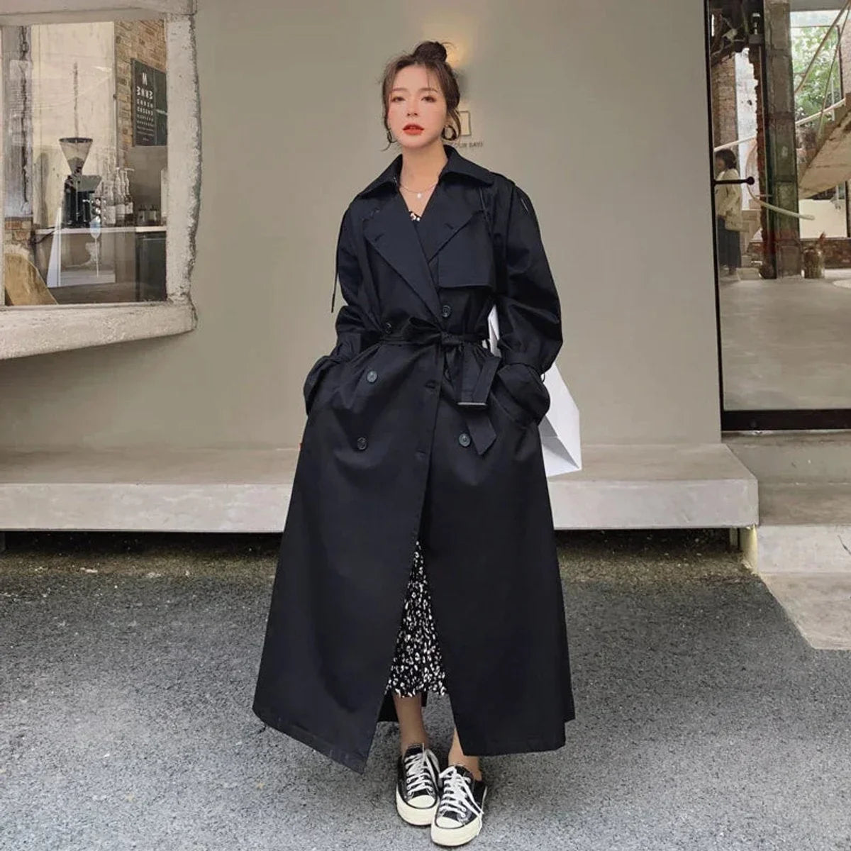 Women's oversized double-breasted long trench coat – Black