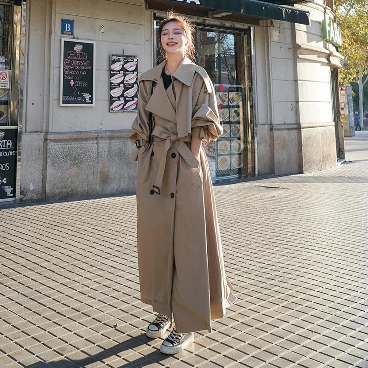 Women's oversized double-breasted long trench coat