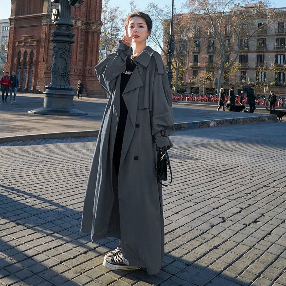 Women's oversized double-breasted long trench coat