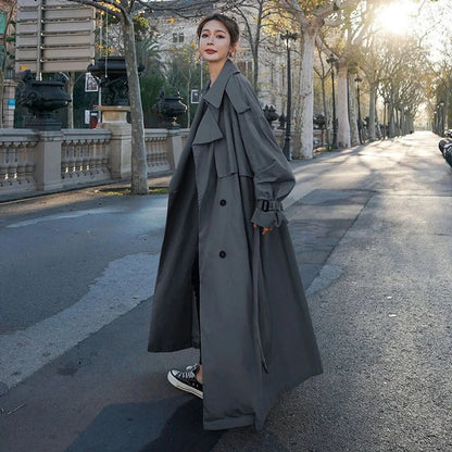 Women's oversized double-breasted long trench coat – Gray