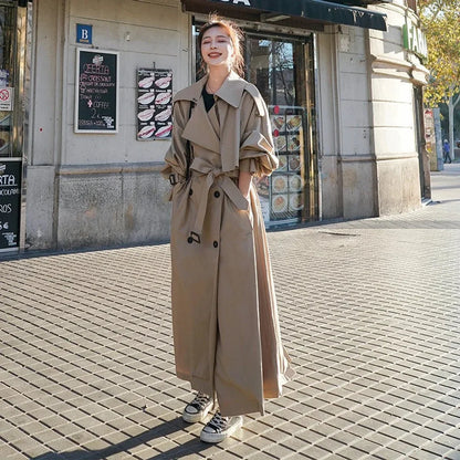 Women's oversized double-breasted long trench coat – Khaki
