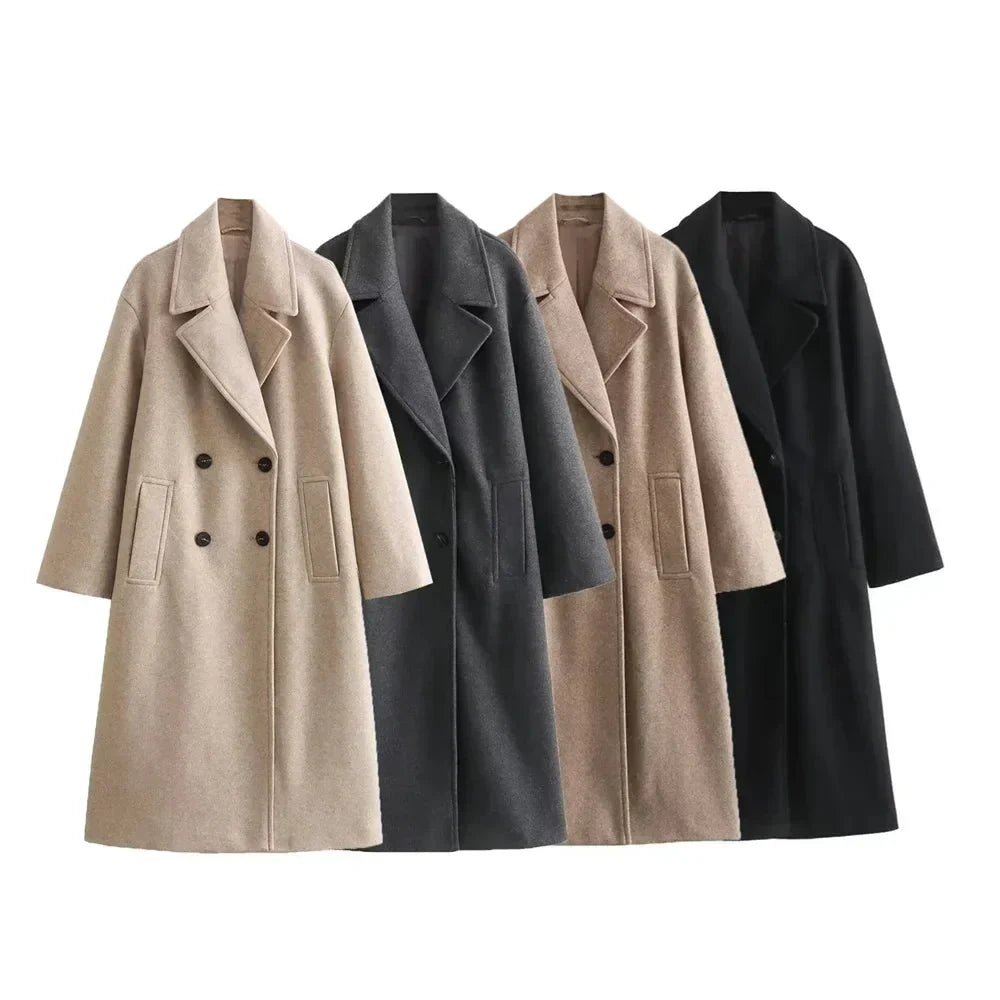 Women's oversized double-breasted wool coat with wide lapel design